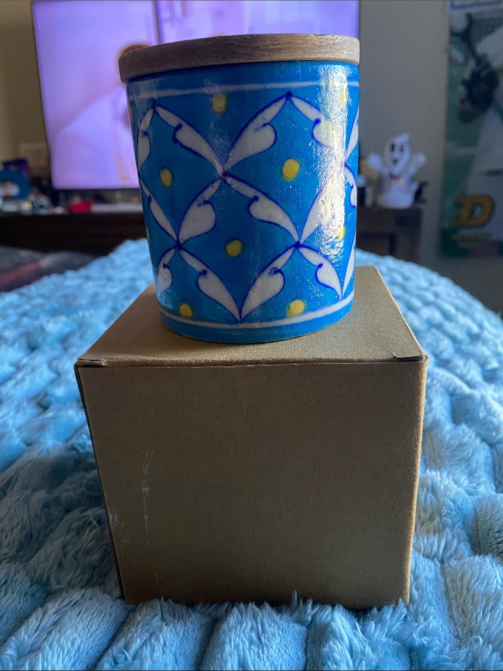 Handcrafted Artisan Blue Pottery Ceramic Canister Storage Jar with Wood Lid